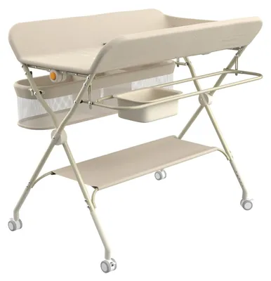 Immagine prodotto di Fasciatoio per neonati - Fasciatoio pieghevole - Regolabile in altezza 83–91 cm - Portata 11 kg - Vaschetta per il cambio - Cestino portaoggetti - Rotelle con freno - Beige
