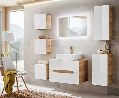Image de Meuble De Salle De Bain Sous Lavabo 40 Cm Chêne Craft Blanc Brillant 2 Tiroirs