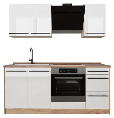 Zdjęcie produktu dla Kuchnia pojedyncza Vicco R-Line Biały wysoki połysk/Dąb goldkraft 180 cm bez blatu roboczego, Model 66265