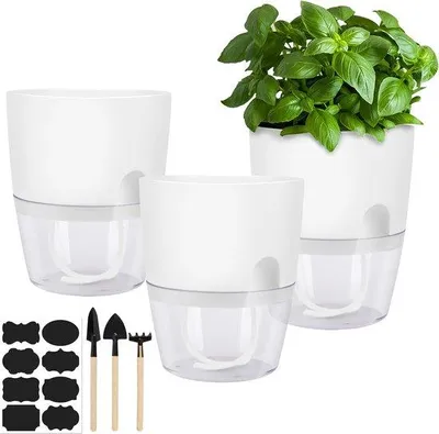Produktbild von Famanu Set von 3 weißen Kräutertöpfen mit Selbstbewässerung - 18,2 x 10 x 15 cm, transparent