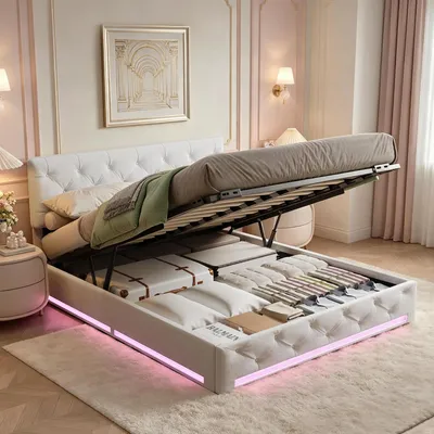 Produktbild von INONEFT Polsterbett 140x200cm mit LED, Boxspringbetten Doppelbett mit Stauraum, Jugendbett mit Lattenrost, Hydraulisches Stauraumbett, Leinen,Off-weiß
