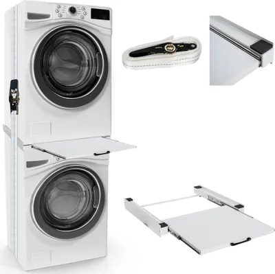 A stacked washing machine and dryer with a pull-out shelf in between, and two separate accessory items shown.