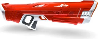 A red and white toy water gun is shown against a white background.