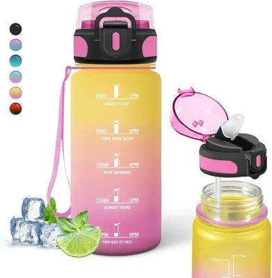 Produktbild von Famanu Trinkflasche 500 ml mit Strohhalm - Motivierende Wasserflasche für Kinder mit Zeitskala