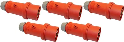 A group of five red and gray industrial electrical connectors are arranged on a white background.