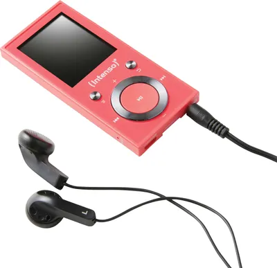 A pink MP4 player with black earbuds and a headphone jack plugged in, isolated on a white background.