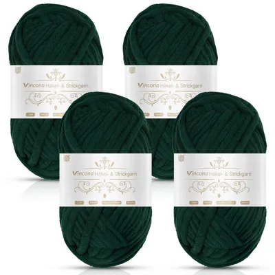 Immagine prodotto di Filato chenille, super grosso, 4 gomitoli da 100g, colore verde scuro, poliestere, diametro 7 mm