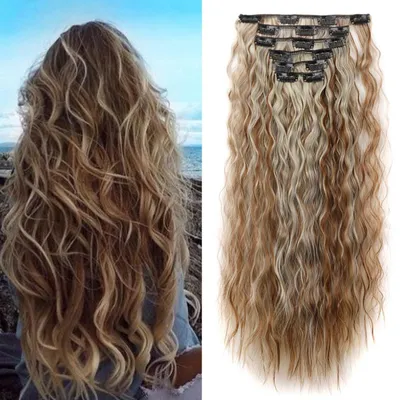 Immagine prodotto di Extension per capelli sintetici, effetto ondulato, 6 ciocche, lunghezza 50 cm, colore biondo chiaro e castano chiaro