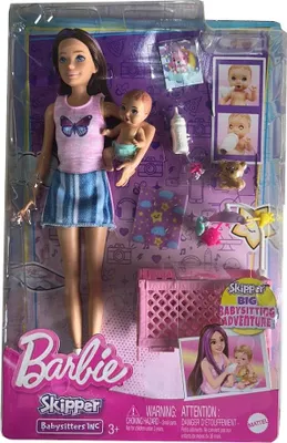 Obrázok produktu pre Barbie Skipper Babysitter Inc, Skipper Big Babysitting Adventure, Skipper s hnedými vlasmi a dieťaťom, fľaša, postieľka, doplnky, vrátane 2 bábik, ako darček možné,HJY33