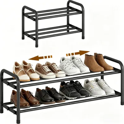 Image de Étagère à chaussures extensible, 2 niveaux, métal, noire, 45-80 cm