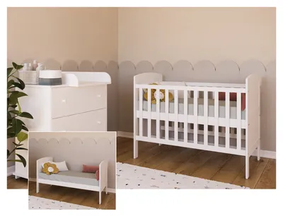 Produktbild von Babybett und Kinderbett 3in1 mit Matratze, Zahnschienen, 2 herausnehmbare Sprossen Holz und höhenverstellbar Weiß, umbaubar zum Juniorbett