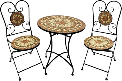 Imagen del producto de Conjunto de jardín "Caspian" de 3 piezas, plegable, ideal para balcones: mesa de mosaico y 2 sillas