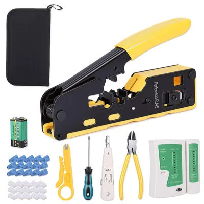 Image de Kit de sertissage RJ45 avec testeur de câbles et connecteurs pour les installations réseau