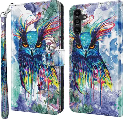 Produktbild von CLM-Tech Hülle kompatibel mit Samsung Galaxy A14 5G - Tasche aus Kunstleder - Klapphülle mit Ständer und Kartenfächern, Eule bunt