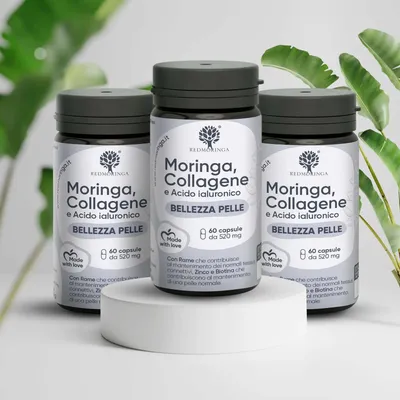 Produktbild von RedMoringa Hyaluronsäure Marine Kollagen Komplex + Moringa Kapseln - 100% Tagesnorm von Kupfer, Zink, Biotin, Vitamin A, B2, B3, C - 180 Tage Vorrat
