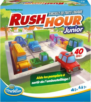 The image shows the packaging of the Rush Hour Junior board game, featuring colorful toy cars and trucks in a traffic jam scenario.