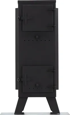 A black wood-burning stove is shown from the front, standing on a metal base.