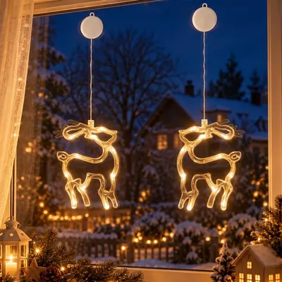 Imagen del producto de Kit de dos guirnaldas de luces LED para ventanas, con ganchos adhesivos, alimentadas por batería, decoración navideña, ideal para fiestas y celebraciones. Diseño de renos
