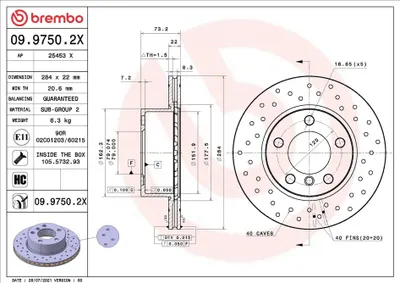 Produktbild von BREMBO 09.9750.2X Bremsscheibe x