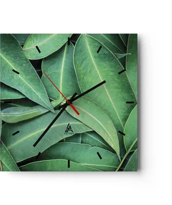 Produktbild von Wanduhr - Quadrat - Glasuhr - Blätter Eukalyptus Natur - 40x40cm - Schleichendes Uhrwerk - Lautlos - zum Aufhängen bereit - Dekoration Modern - Wanddekoration aus Glas - C3AC40x40-4933