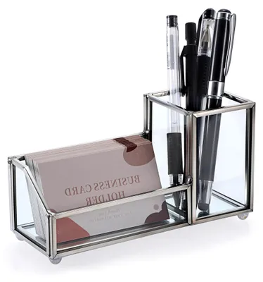 Produktbild von Visitenkartenhalter aus Glas und Metall, Stifthalter für Schreibtisch, transparent, 2 Fächer, Silber