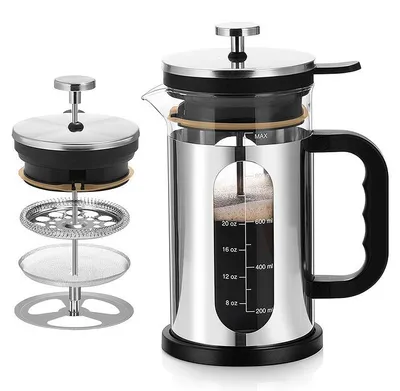 Produktbild von French Press Kaffeemaschine (1000 ml) – Borosilikatglas und Edelstahl, 4-fach Filter – Wiederverwendbarer Kaffeebereiter und Teekanne für Camping und Küche