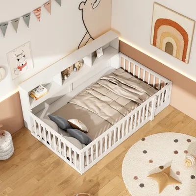 Produktbild von okwish Schlafsofa Daybett 90x200cm mit Lattenrost, Tagesbett Kinderbett Bodenbett mit Staufach, Jugendbett aus Holz mit Brüstung(Ohne Matratze)- Weiß