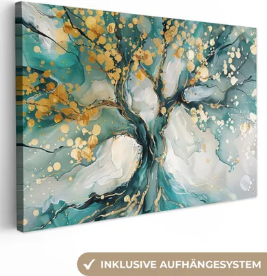Produktbild von Leinwand Bilder 120x80 cm - Lebensbaum - Modern - Malerei-Look - Türkis - Gold, Bilder, Wanddeko Wohnzimmer