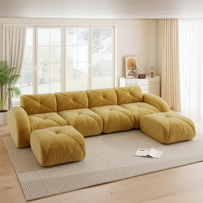 Produktbild von STILVORA U-förmiges Modulsofa mit rahmenlosem Sofa, 4-Sitzer Kombinationssofa-Set mit 2 Hockern für Wohnzimmer, Wohnzimmersofa mit bequemem Stoff und rutschfestem Design keine Montage erforderlich