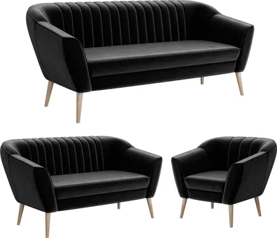 Produktbild von MEBLINI Mini Sofa Set 3-2-1 für Wohnzimmer - Mini Lounge für sechs Personen - Küchensofa - Sofa Klein - Sitzgarnitur - Polstergarnitur - Sofagarnituren - KAIA - 3+2+1 - Schwarz Samt