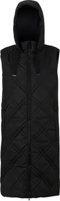 A black, sleeveless, hooded puffer vest with a diamond quilting pattern.