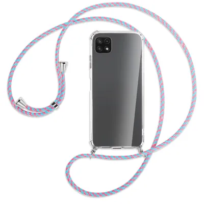 Produktbild von Handykette Backcover-Schutzhülle mit Band (Metall silberfarben) für Samsung Galaxy A22 5G (A226) - pink/mint