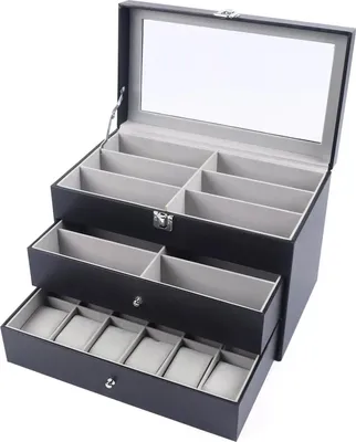 Produktbild von Uhren- & Brillenbox - Aufbewahrungskoffer - 24 Fächer - Kunstleder - Metallrahmen - Für Uhren und Brillen - Schwarz