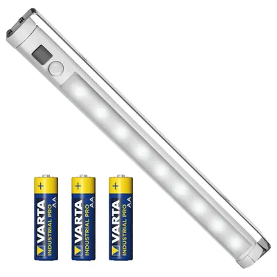 A battery-powered LED light bar and three AA batteries are shown against a white background.