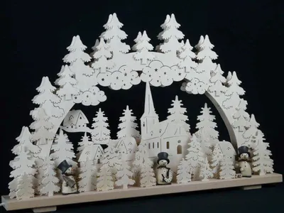 Obrázok produktu pre Sviečkový oblúk s kostolnými snehuliakmi a osvetlením ŠxVxH 70x45x7cm NOVINKA