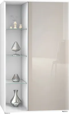 Produktbild von Vladon Vitrine Davos, Germany, Standvitrine mit 3 Glasböden und 8 Fächer, Weiß matt/Sandgrau Hochglanz (71,5 x 134 x 35 cm)