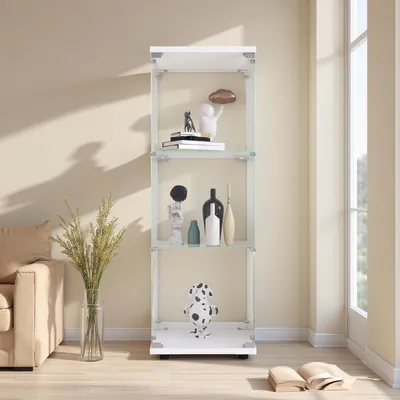 Immagine prodotto di Vetrina espositiva bianca/nera, 3 ripiani in vetro e legno, con serratura, dimensioni 42x36x125 cm