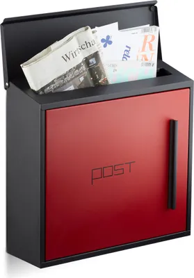 Image de Boîte aux lettres Relaxdays rouge, design moderne bicolore, fente pour courrier A4, acier, grande taille, H x L x P : 33 x 35 x 12,5 cm, noir et rouge