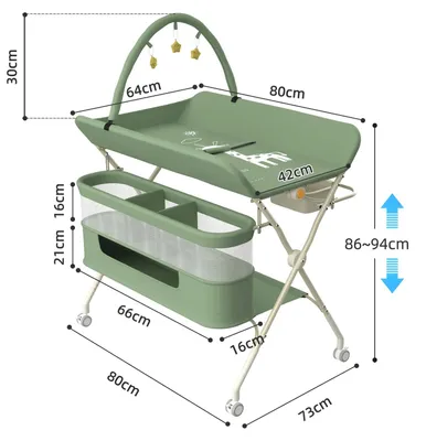 Produktbild von Klappbarer Wickeltisch für Baby - 4-in-1 Wickelstation - Höhenverstellbar - Mit Rollen - Spielbogen - Ablagekorb - Metallgestell - Grün