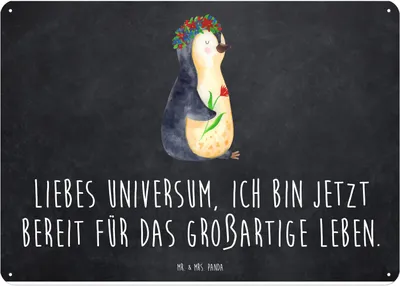 Produktbild von Mr. & Mrs. Panda Schild Pinguin Blumen DIN A4 - Kreidetafel - Geschenk, tafel, Wandbild, Magnetschild, Metallbild, Motivation, Pinguine, Blumenkranz, Positiv, Türschild