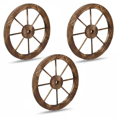 Image de Relaxdays Roue de charrette en bois, lot de 3, décoration pour jardin, terrasse, véranda, roue de calèche rustique, saloon, western, marron