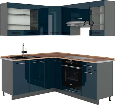 Produktbild von Küchenzeile Vicco Fame-Line Dunkelblau Hochglanz/Anthrazit 190 x 60 cm , AP Eiche, Model 49736