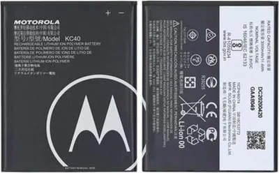 Two Motorola batteries shown side-by-side, one with the front facing the camera and the other with the back.