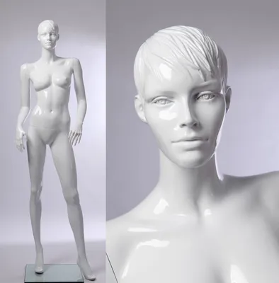 Productafbeelding van CS15-B Mooie, abstracte etalagepop voor dames, wit glanzend gelakt. Met gezicht en haar