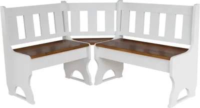 A white corner bench with brown wooden seats, shown from a front-diagonal angle.