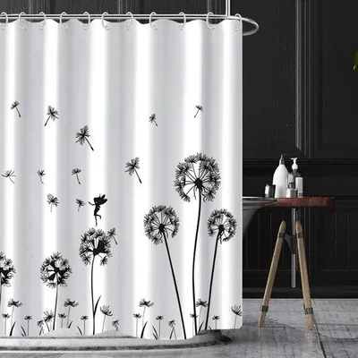 Produktbild von Wasserhahnvorhang mit Blumenmuster - Wasserfest - Einstückig - Schwarz/Weiß - 180 x 200 cm