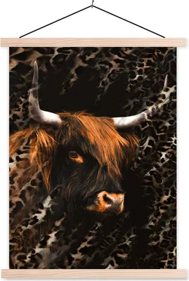 Produktbild von MuchoWow® Textilposter Schottisches Hochlandrind - Pantherdruck - Kuh 120x160 cm mit holzfarbenen Rahmen - Plakatkarton