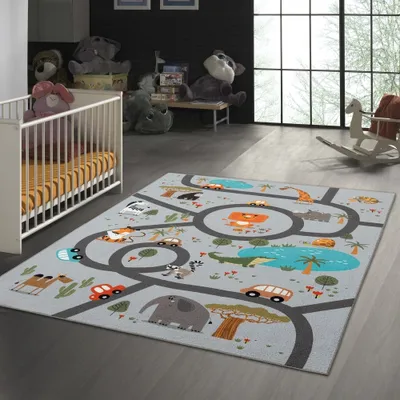 Zdjęcie produktu dla Antypoślizgowa mata dla dzieci z motywem zwierząt, kolor szary, wymiary – 140 x 200 cm