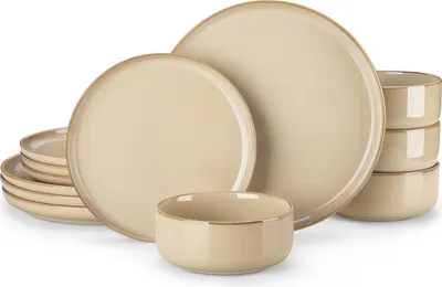 Image de vancasso Service de table, 12 pièces service combiné en faïence, set de vaisselle avec set d'assiettes, bol pour 4 personnes, marron