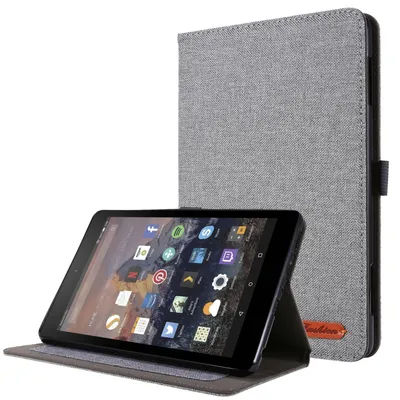 Produktbild von König Design Tablet-Hülle kompatibel mit Amazon Fire HD 8 (2020) Stoff Smart Cover Case Etui Grau